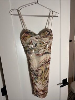 privy Marble-Print Ruched Spaghetti Strap Mini Dress - Cream, Pink, Green